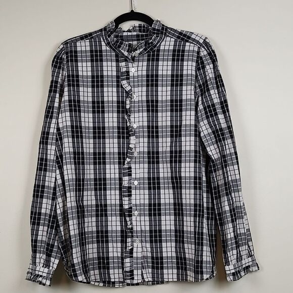 LOFT Long Sleeve Button Down Ruffled Blouse Black and White Plaid - Picture 1 of 12